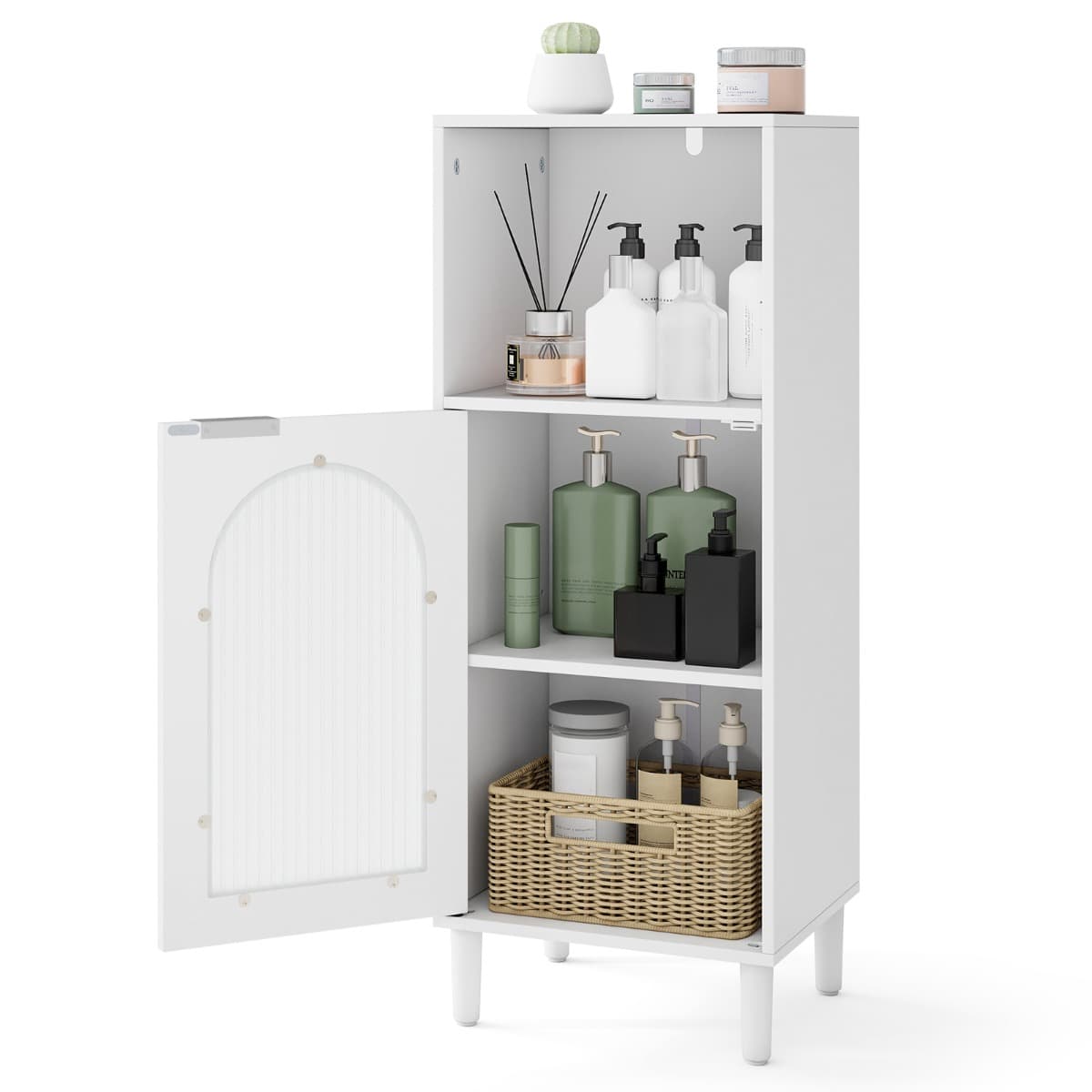 CostwayArmoire de Salle de Bain Étroite avec Compartiment Ouvert et Porte en Verre Commode en Bois avec Étagère Réglable 35 X 30 X 90 Cm Blanc