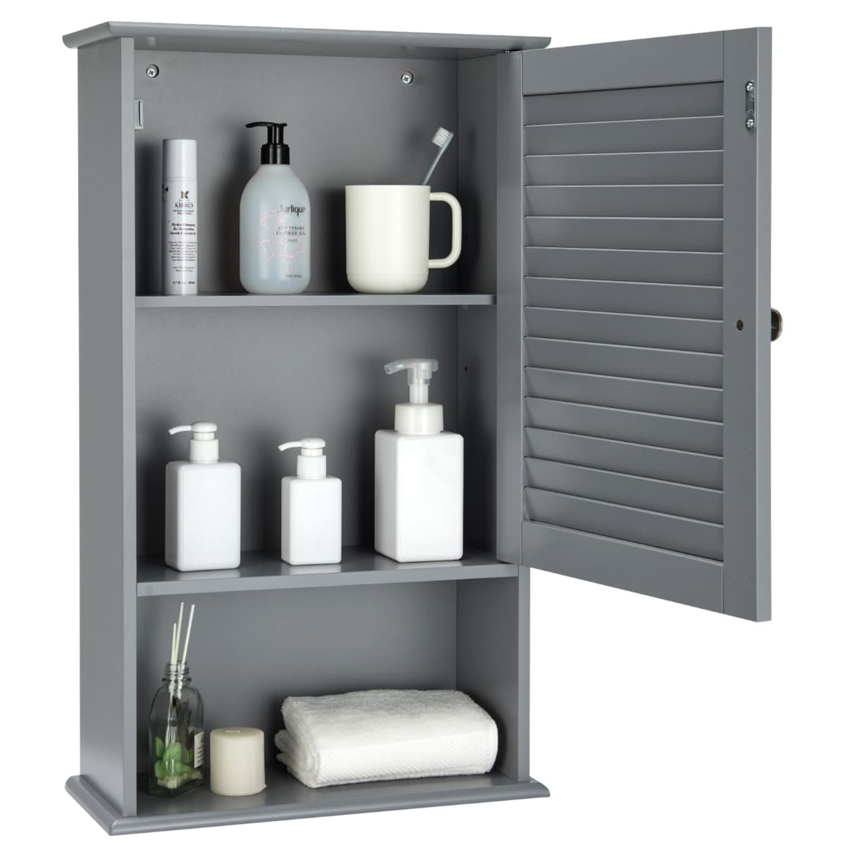 Armoire Murale pour Salle de Bain avec Étagère Réglable 1 Porte Persienne et 1 Étagère Ouverte Gris
