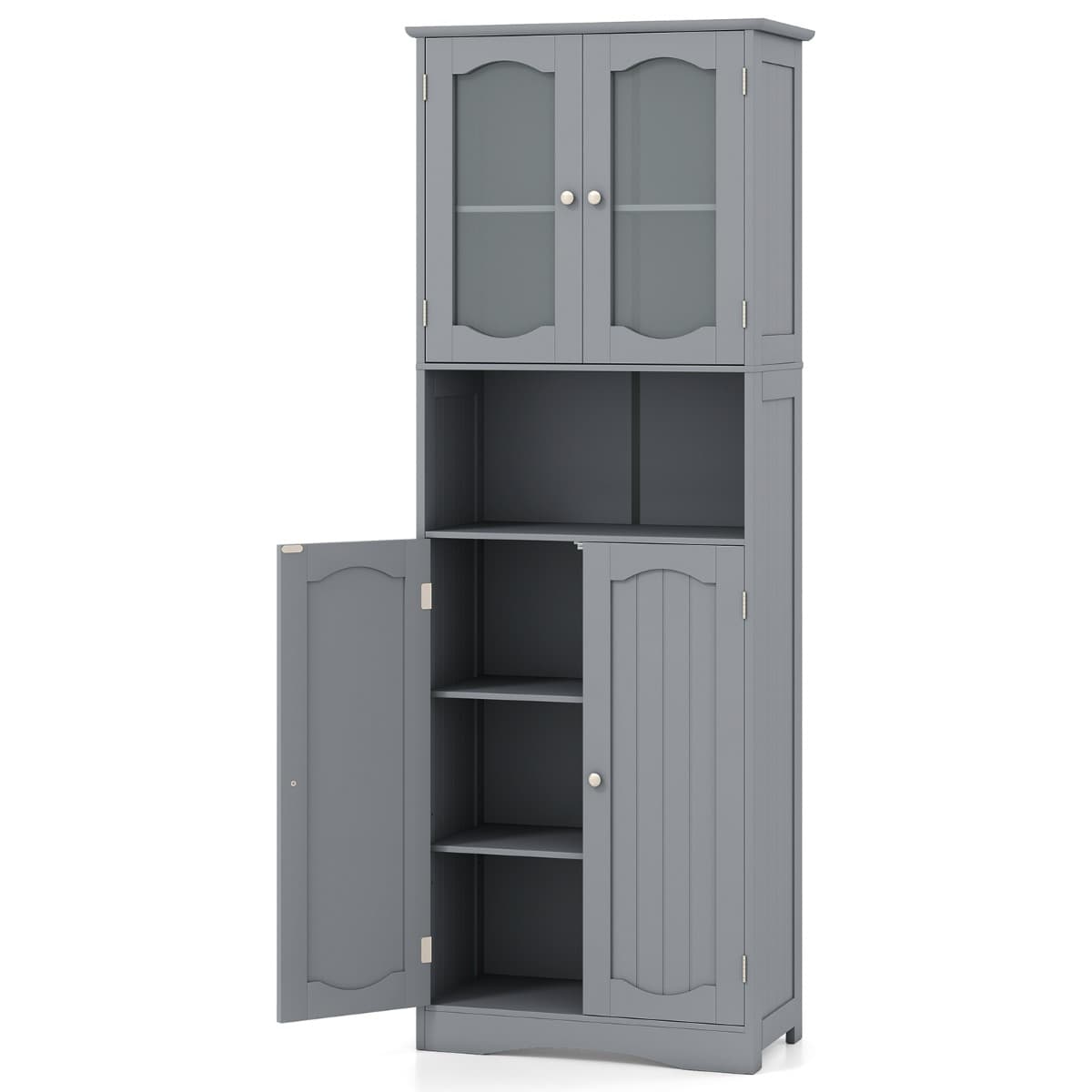 CostwayArmoire de Rangement de 164 cm de Haut Armoire Haute Autoportante Portes en Verre Givré Etagères pour Salle de Bain Cuisine Salon Gris