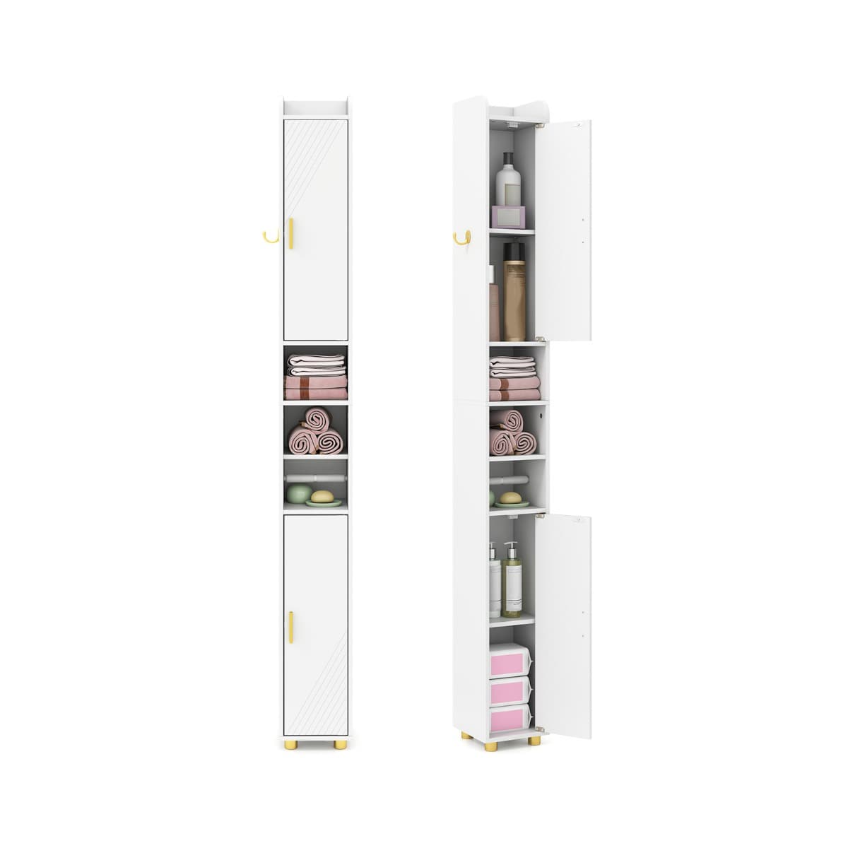 CostwayArmoire de Salle de Bain Haute Organiseur Étroit avec 2 Portes et Étagères Réglables Porte-papier Toilette et Crochet Latéral Blanc