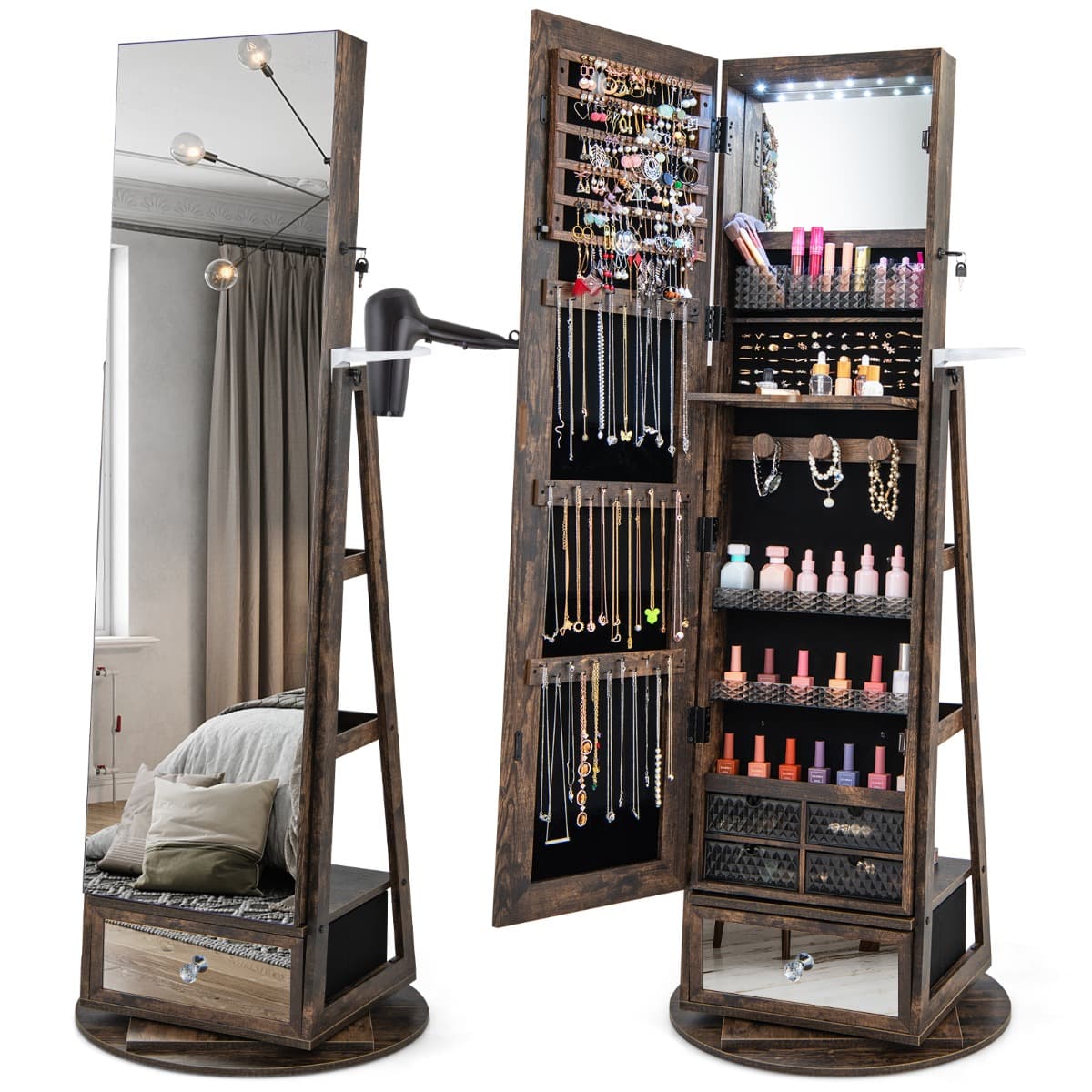 Armoire à Bijoux Pivotante à 360°Miroir Pleine Longueur Lumières LED Etagère 3 Niveaux Porte Verroui