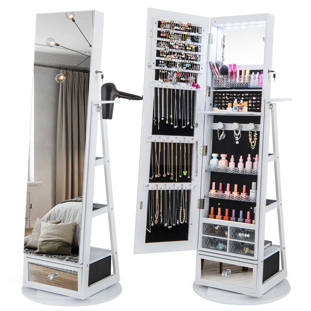 Armoire à Bijoux Pivotante à 360°Miroir Pleine Longueur Lumières LED Etagère 3 Niveaux Porte Verroui