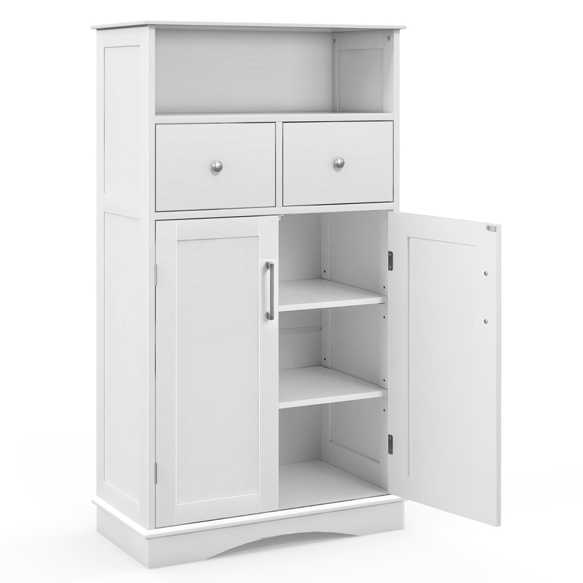 CostwayArmoire Autoportante avec 2 Portes 2 Tiroirs et 2 Etagères Réglables Organisateur de Rangement pour Salon Salle de Bain Cuisine Blanc