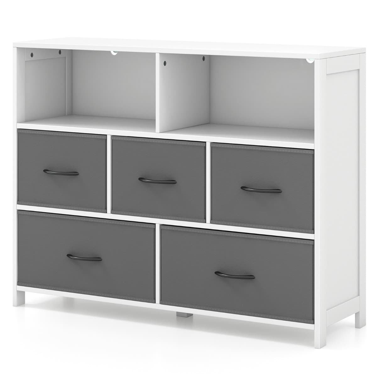 Commode à 5 Tiroirs Tissu 2 Étagères Ouvertes Meuble de Rangement de Chambre Salon Couloirs Entrées