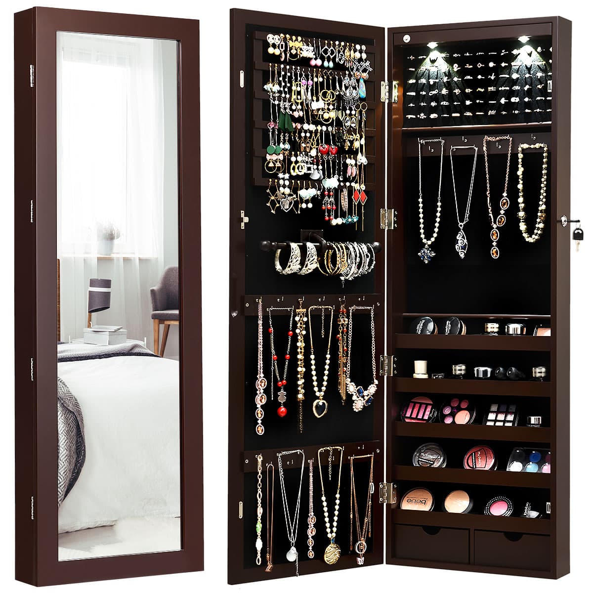 Armoire à Bijoux avec LED Dedans Crochets Miroir et Tiroirs pour Maquillage Quotidien et Bijoux 37 x