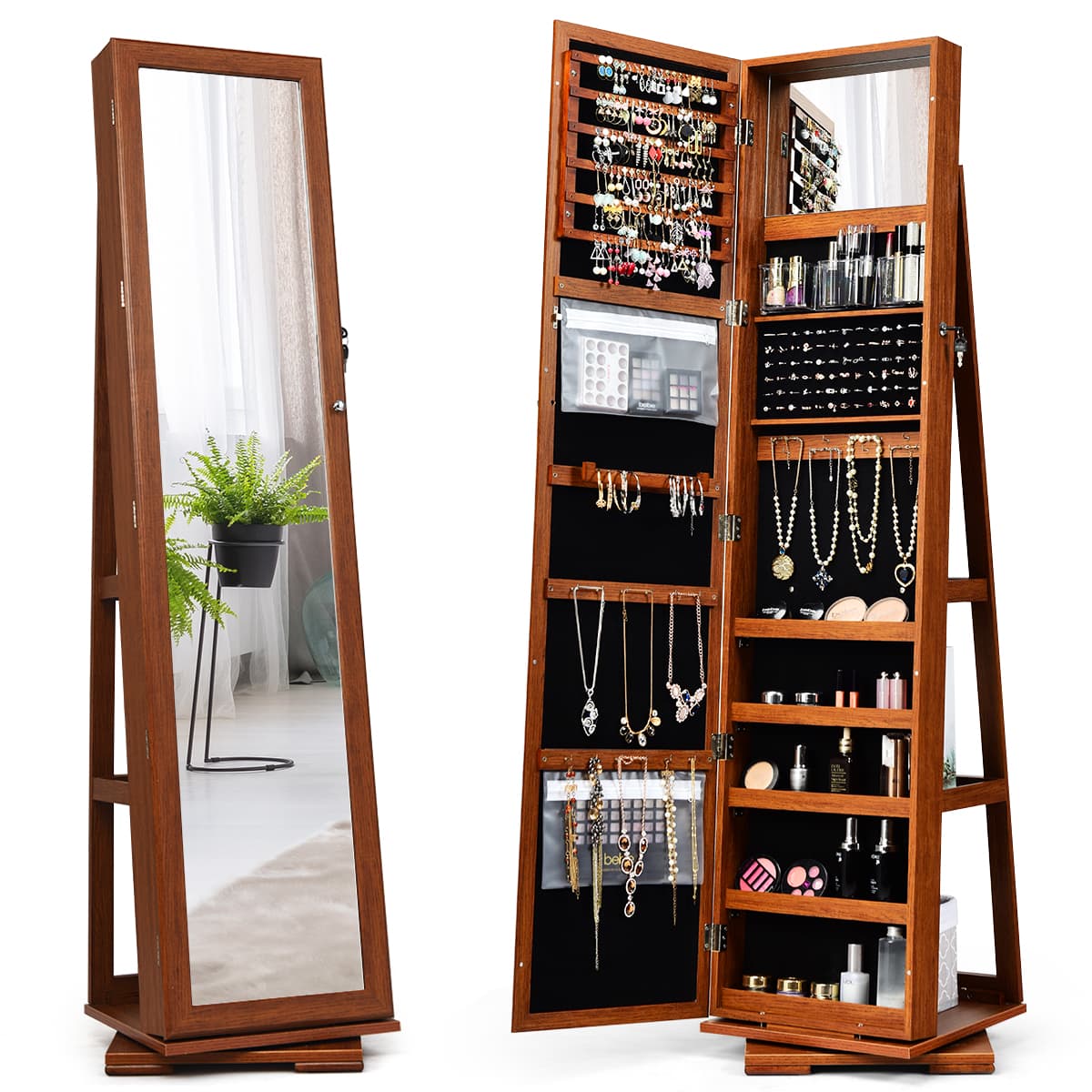 Armoire à Bijoux Pivotante à 360 Degrés avec Grand Miroir Psyché et Etagère de Rangement à L’Arrière