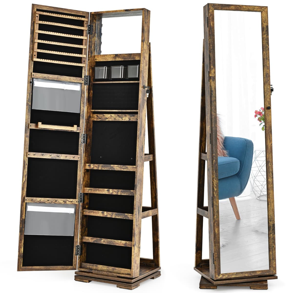 Armoire à Bijoux Pivotante à 360 Degrés avec Grand Miroir Psyché et Etagère de Rangement à L’Arrière