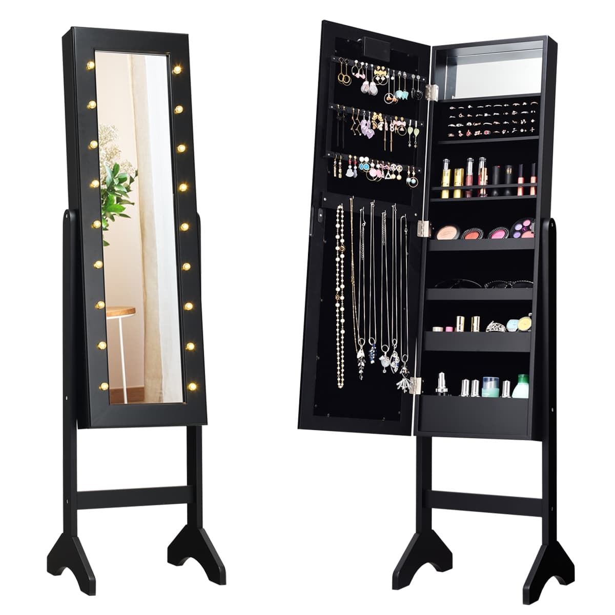 Armoire à Bijoux sur Pied avec 18 LED Angle Réglable Doublure en Velours Doux 35 x 31,5 x 145 CM Noi