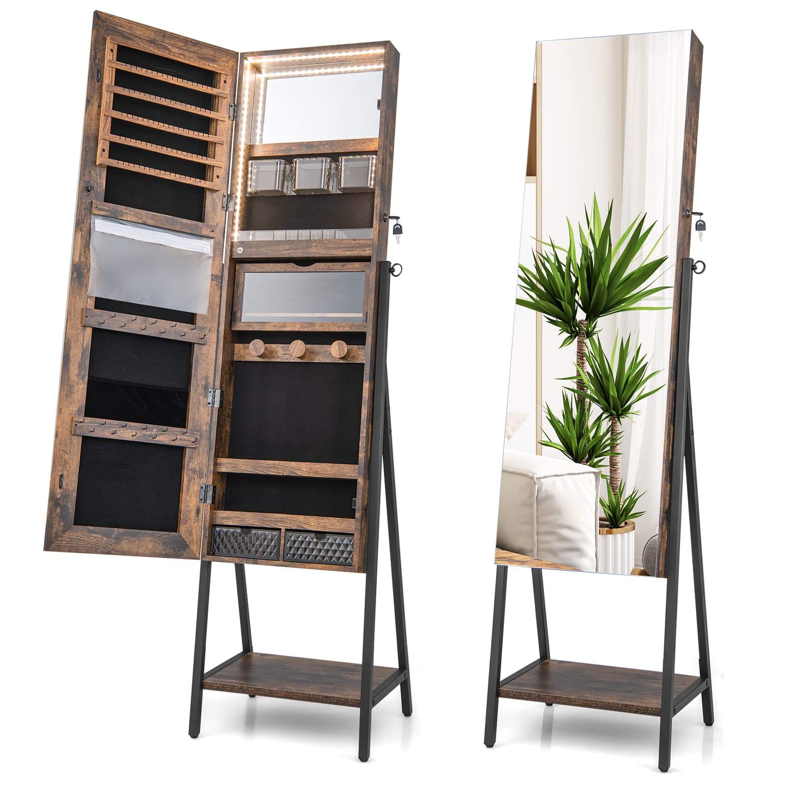 Armoire à Bijoux sur Pied avec Miroir Pleine Longueur HD Lumières LED 3 Couleurs et Miroir Intérieur