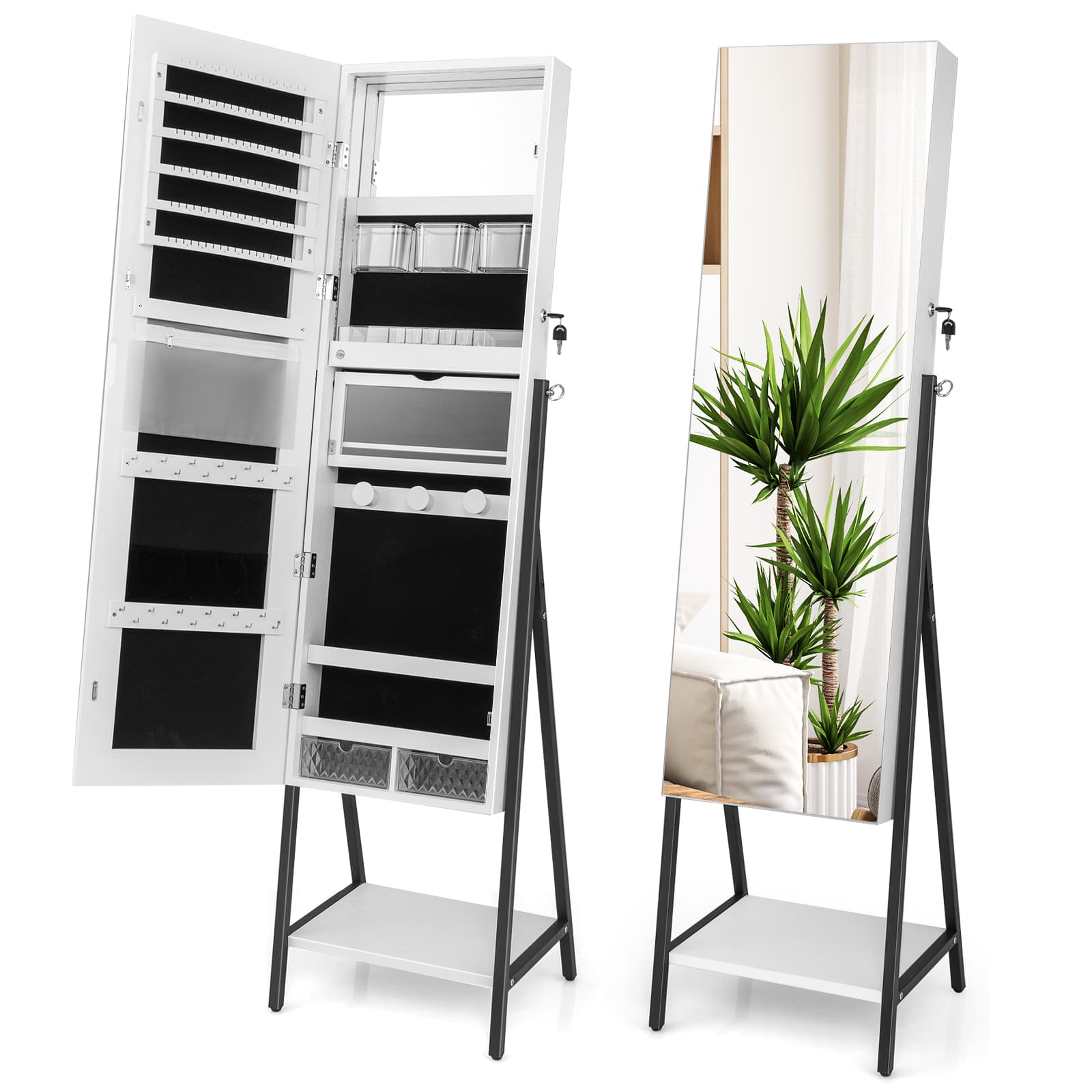Armoire à Bijoux sur Pied avec Miroir Pleine Longueur HD Lumières LED 3 Couleurs et Miroir Intérieur
