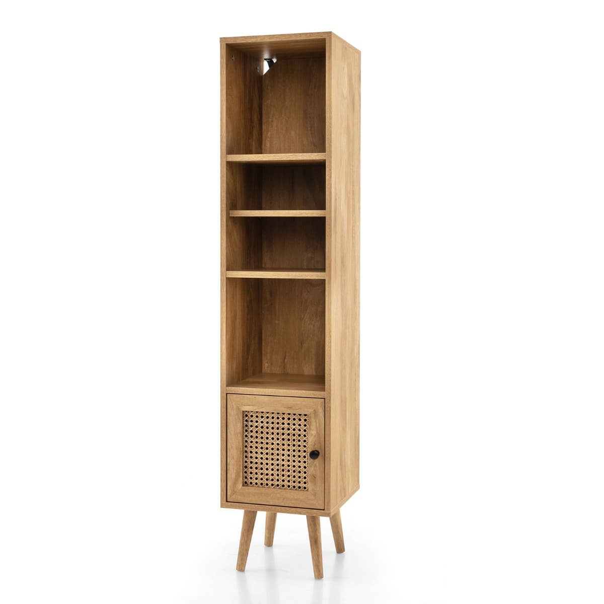 Meuble Colonne de Rangement avec Porte Rotin et Pieds en Bois Massif Meuble de Salle de Bain Étagère