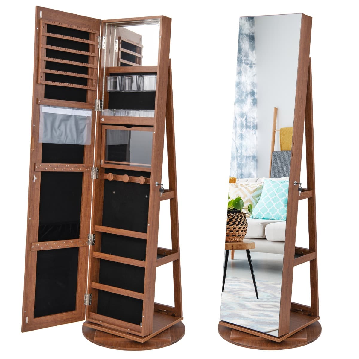 Armoire à Bijoux Pivotante à 360°avec Lumières LED 3 Couleurs Miroir Pleine Longueur et Étagère 3 Ni