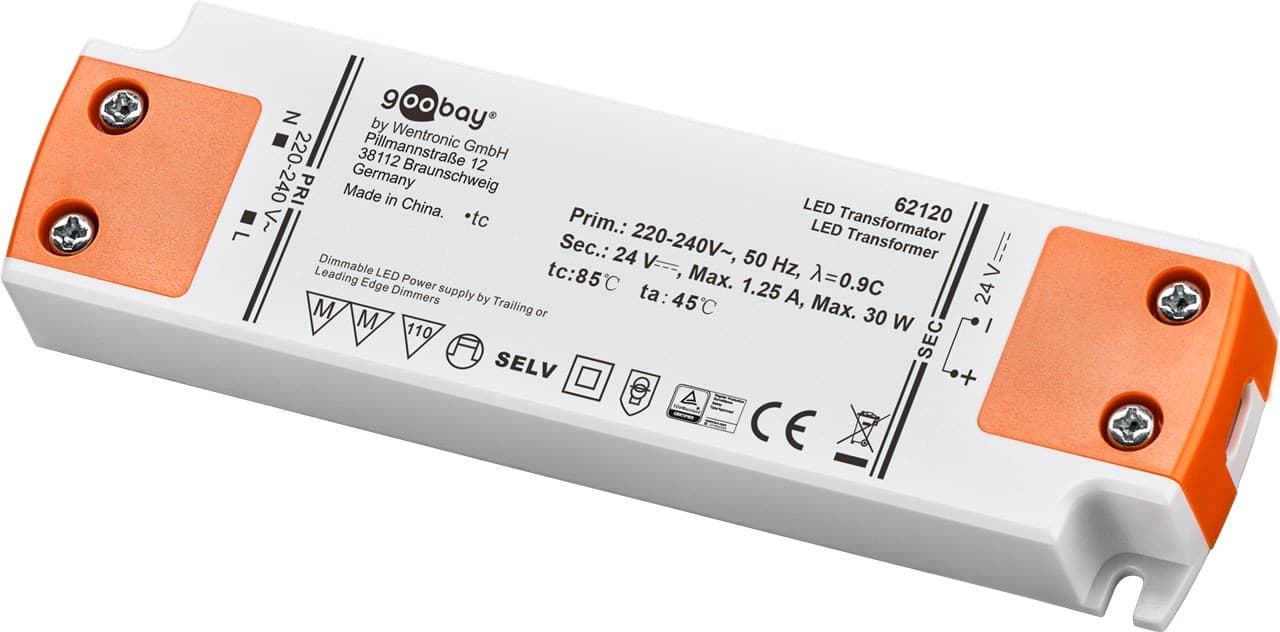 Transformateur LED Goobay 24 V/30 W - dimmable, courant continu 24 V (DC) pour LED jusqu'à 30 W de charge totale