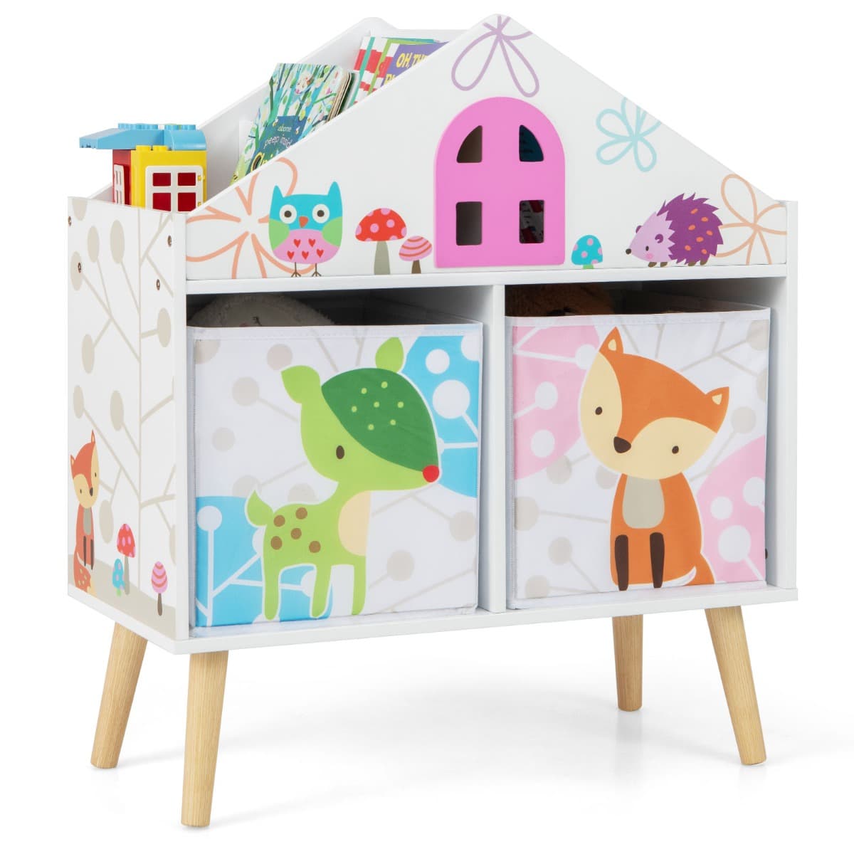 CostwayBibliothèque en Forme de Maison pour Enfants Meuble en Bois pour Jouets 2 Bacs de Rangement Pieds Surélevés en Bois Massif Armoire de